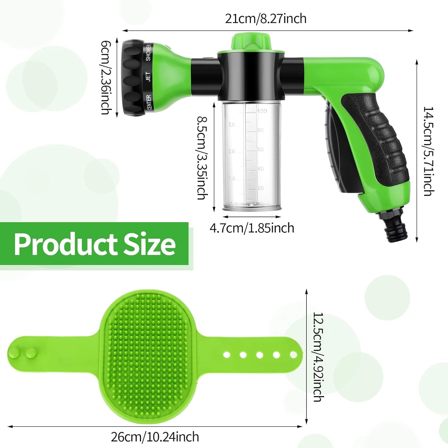 2 Pcs Hose Nozzle with Soap Dispenser, Rubber Comb Brush, and Spray Foamer for Pet Showering - Outdoor Bathing Sprayer Bottle (Green)