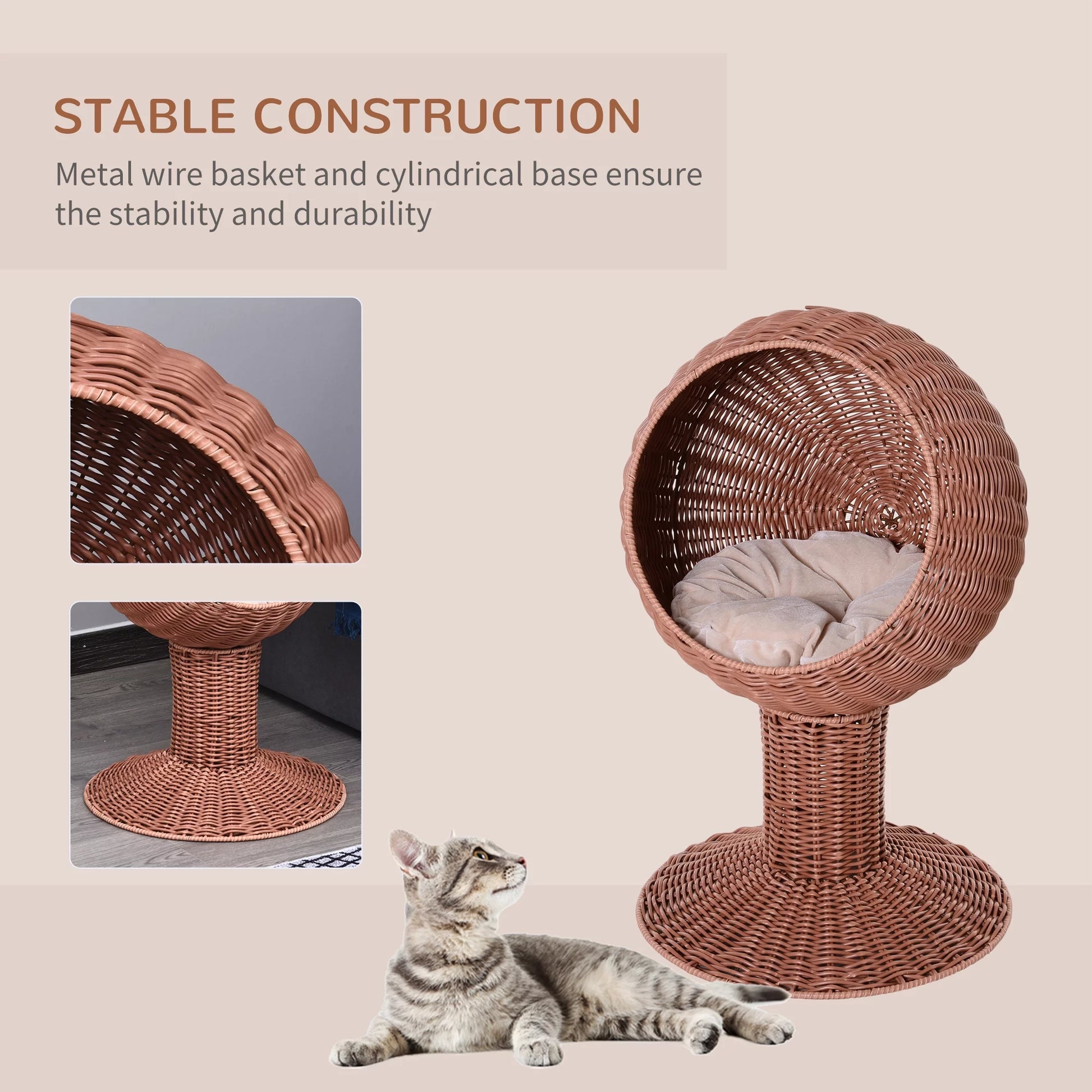 27" Rattan Wicker Elevated Pet Bed Cat Cave Condo Hooded Cushion House
