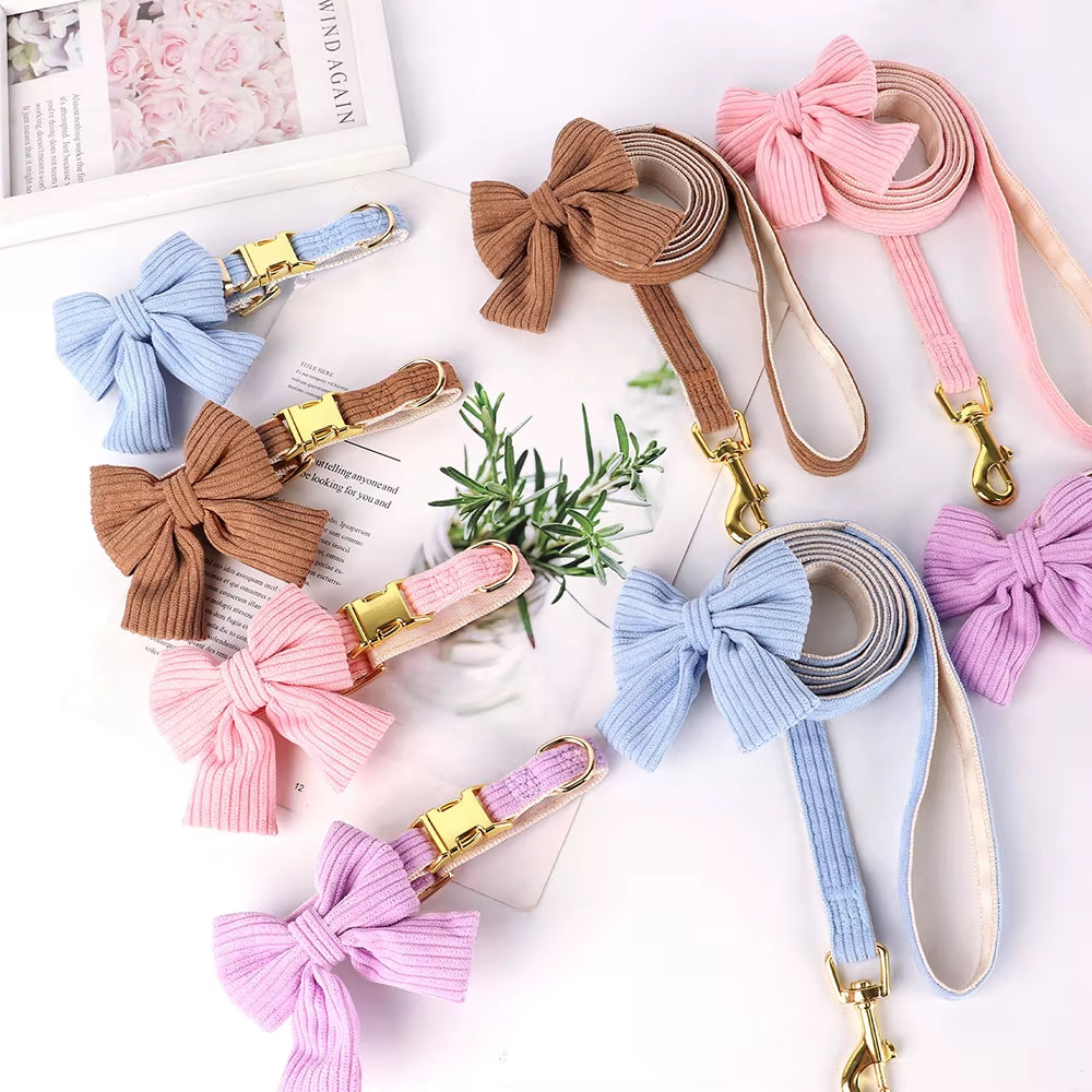 Cute Dog Collar Leash Set with Bowknot Soft Velvet Puppy Dogs Collars Outdoor Pet Walking Lead for Small Medium Dogs Chihuahua