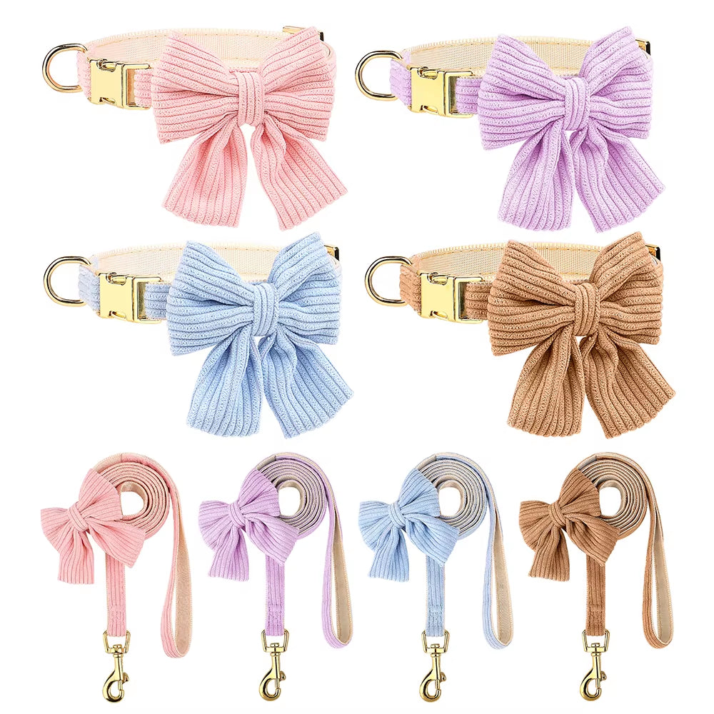 Cute Dog Collar Leash Set with Bowknot Soft Velvet Puppy Dogs Collars Outdoor Pet Walking Lead for Small Medium Dogs Chihuahua