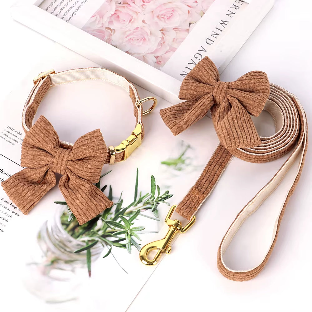 Cute Dog Collar Leash Set with Bowknot Soft Velvet Puppy Dogs Collars Outdoor Pet Walking Lead for Small Medium Dogs Chihuahua