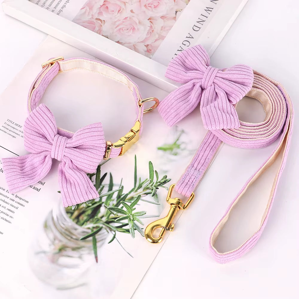 Cute Dog Collar Leash Set with Bowknot Soft Velvet Puppy Dogs Collars Outdoor Pet Walking Lead for Small Medium Dogs Chihuahua