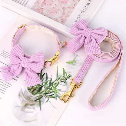Cute Dog Collar Leash Set with Bowknot Soft Velvet Puppy Dogs Collars Outdoor Pet Walking Lead for Small Medium Dogs Chihuahua