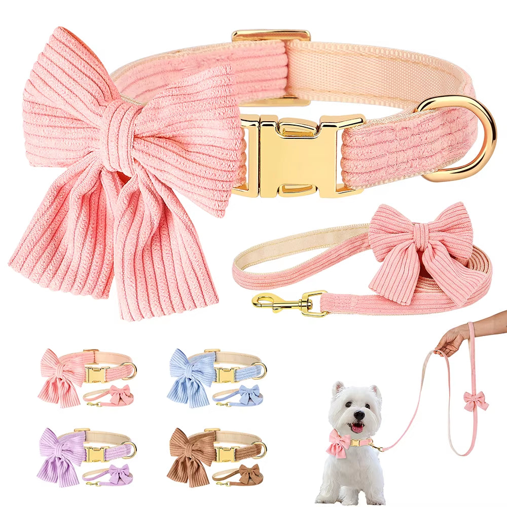 Cute Dog Collar Leash Set with Bowknot Soft Velvet Puppy Dogs Collars Outdoor Pet Walking Lead for Small Medium Dogs Chihuahua