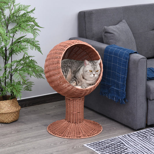 27" Rattan Wicker Elevated Pet Bed Cat Cave Condo Hooded Cushion House