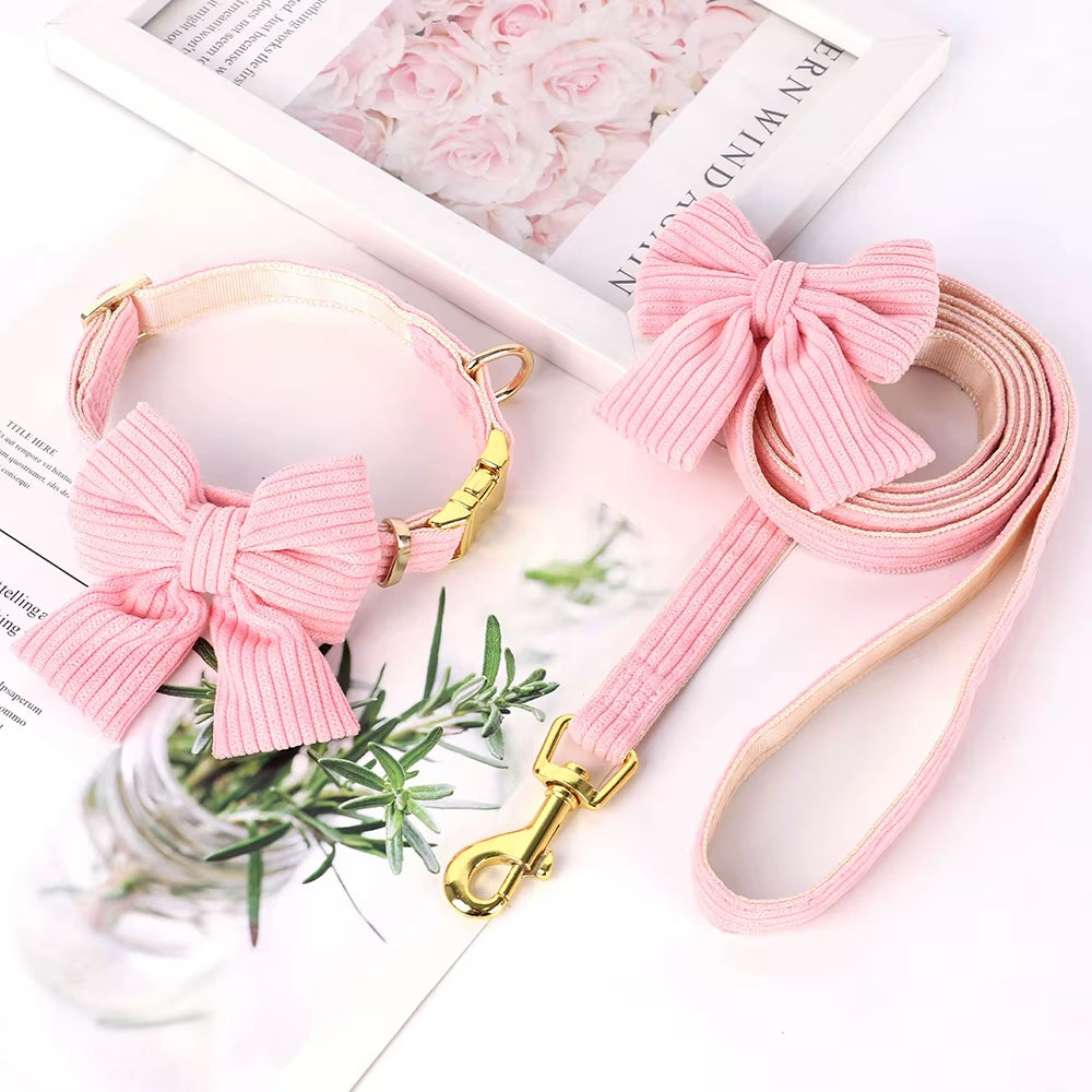 Cute Dog Collar Leash Set with Bowknot Soft Velvet Puppy Dogs Collars Outdoor Pet Walking Lead for Small Medium Dogs Chihuahua