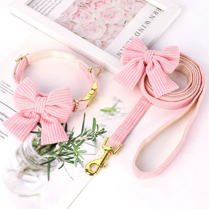 Cute Dog Collar Leash Set with Bowknot Soft Velvet Puppy Dogs Collars Outdoor Pet Walking Lead for Small Medium Dogs Chihuahua